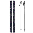 Nightstick86Xw_RSW10System-A pair of black skis with purple and white graphic patterns, shown next to two black ski poles with white graphics, all set against a plain white background.