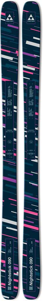 Nightstick90- A pair of skis in a dark navy blue colorway with a geometric pattern of pink, purple, and white lines, featuring the Fischer logo and 'Nightstick 90' text.
