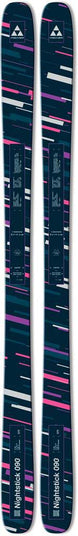 Nightstick90- A pair of skis in a dark navy blue colorway with a geometric pattern of pink, purple, and white lines, featuring the Fischer logo and 'Nightstick 90' text.