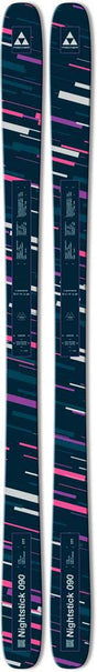 Nightstick90- A pair of skis in a dark navy blue colorway with a geometric pattern of pink, purple, and white lines, featuring the Fischer logo and 'Nightstick 90' text.