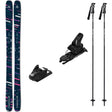 Nightstick90w_strive12-A ski equipment bundle featuring a pair of skis with a dark blue and pink graphic pattern, a separate black ski binding, and two black ski poles, all arranged on a plain white background.