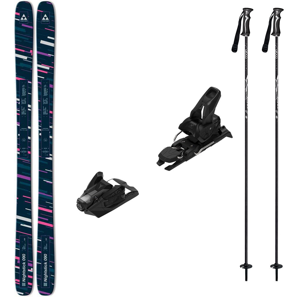 Nightstick90w_strive12-A ski equipment bundle featuring a pair of skis with a dark blue and pink graphic pattern, a separate black ski binding, and two black ski poles, all arranged on a plain white background.