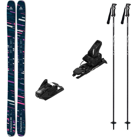Nightstick90w_strive12-A ski equipment bundle featuring a pair of skis with a dark blue and pink graphic pattern, a separate black ski binding, and two black ski poles, all arranged on a plain white background.