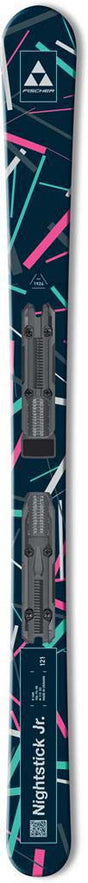 NightstickJr- A pair of skis in a dark navy blue colorway with a geometric pattern of pink, purple, and white lines, featuring the Fischer logo and 'Nightstick Jr.' text.