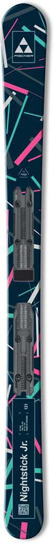 NightstickJr- A pair of skis in a dark navy blue colorway with a geometric pattern of pink, purple, and white lines, featuring the Fischer logo and 'Nightstick Jr.' text.