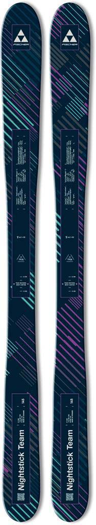 NightstickTeam- A pair of skis in a dark navy blue colorway with a geometric pattern of pink, purple, and white lines, featuring the Fischer logo and 'Nightstick Team' text.