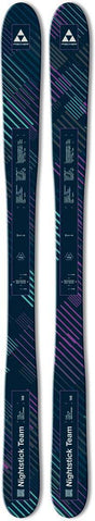 NightstickTeam- A pair of skis in a dark navy blue colorway with a geometric pattern of pink, purple, and white lines, featuring the Fischer logo and 'Nightstick Team' text.