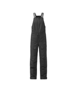 NingeBibPant- Black insulated bib overalls with adjustable shoulder straps, front zipper, and buttoned cargo-style pockets on the legs, shown on a plain white background.