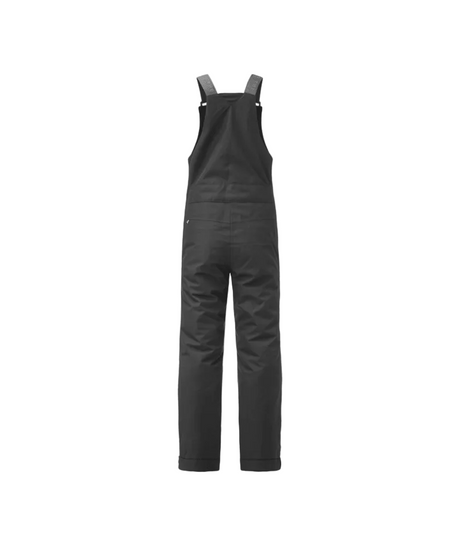 NingeBibPant- Black insulated bib overalls with adjustable shoulder straps, front zipper, and buttoned cargo-style pockets on the legs, shown on a plain white background.