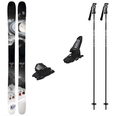 Nomad106w_Griffon13-A ski equipment set on a plain white background, including a pair of skis with a space-themed graphic, two bindings, and two ski poles.