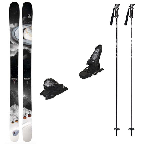 Nomad106w_Griffon13-A ski equipment set on a plain white background, including a pair of skis with a space-themed graphic, two bindings, and two ski poles.