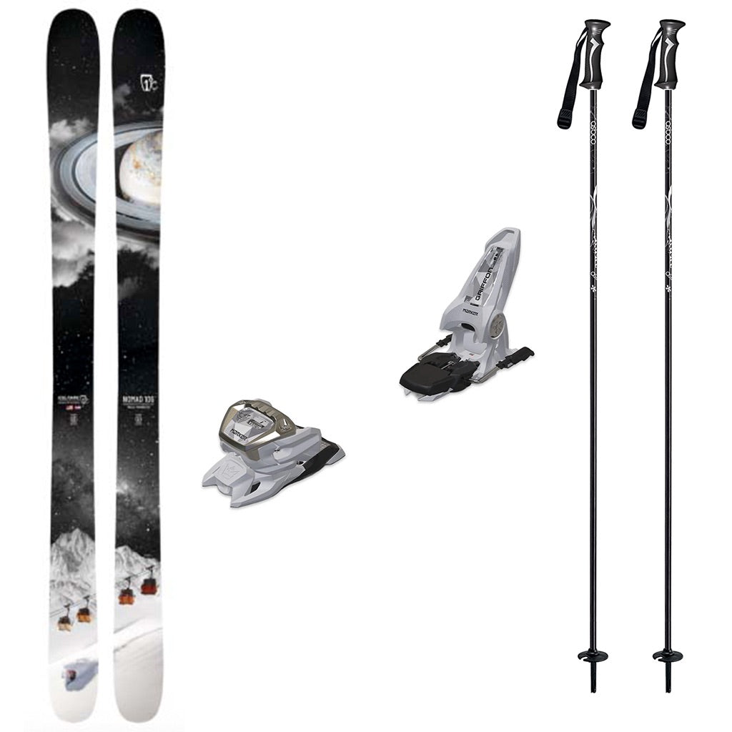 Nomad106w_Griffon13-A ski equipment set on a plain white background, including a pair of skis with a space-themed graphic, two bindings, and two ski poles.