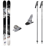 Nomad106w_Griffon13-A ski equipment set on a plain white background, including a pair of skis with a space-themed graphic, two bindings, and two ski poles.