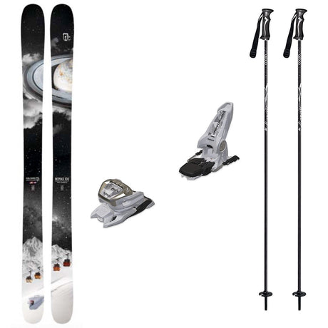 Nomad106w_Griffon13-A ski equipment set on a plain white background, including a pair of skis with a space-themed graphic, two bindings, and two ski poles.