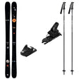 Nomad94w_Strive12-A ski equipment set on a plain white background, including a pair of black skis with a space-themed graphic, two black ski bindings, and two black ski poles.