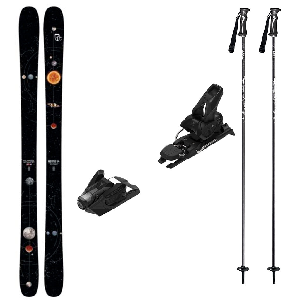Nomad94w_Strive12-A ski equipment set on a plain white background, including a pair of black skis with a space-themed graphic, two black ski bindings, and two black ski poles.