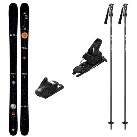 Nomad94w_Strive12-A ski equipment set on a plain white background, including a pair of black skis with a space-themed graphic, two black ski bindings, and two black ski poles.