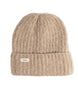 NordenBeanie- Beige beanie with a brand label on a white background