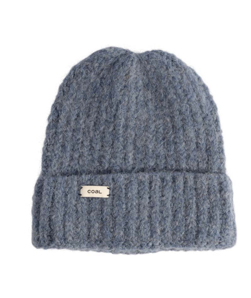 NordenBeanie- Blue beanie with a brand label on a white background