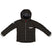 NordicKidsDownJacket- A black puffer jacket with a hood, featuring a silver front zipper, a white 'swix' logo on the left chest, a white logo on the right sleeve, and gray cuff trim, shown against a plain white background.