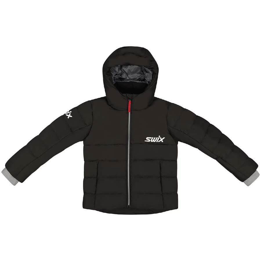 NordicKidsDownJacket- A black puffer jacket with a hood, featuring a silver front zipper, a white 'swix' logo on the left chest, a white logo on the right sleeve, and gray cuff trim, shown against a plain white background.