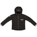 NordicKidsDownJacket- A black puffer jacket with a hood, featuring a silver front zipper, a white 'swix' logo on the left chest, a white logo on the right sleeve, and gray cuff trim, shown against a plain white background.