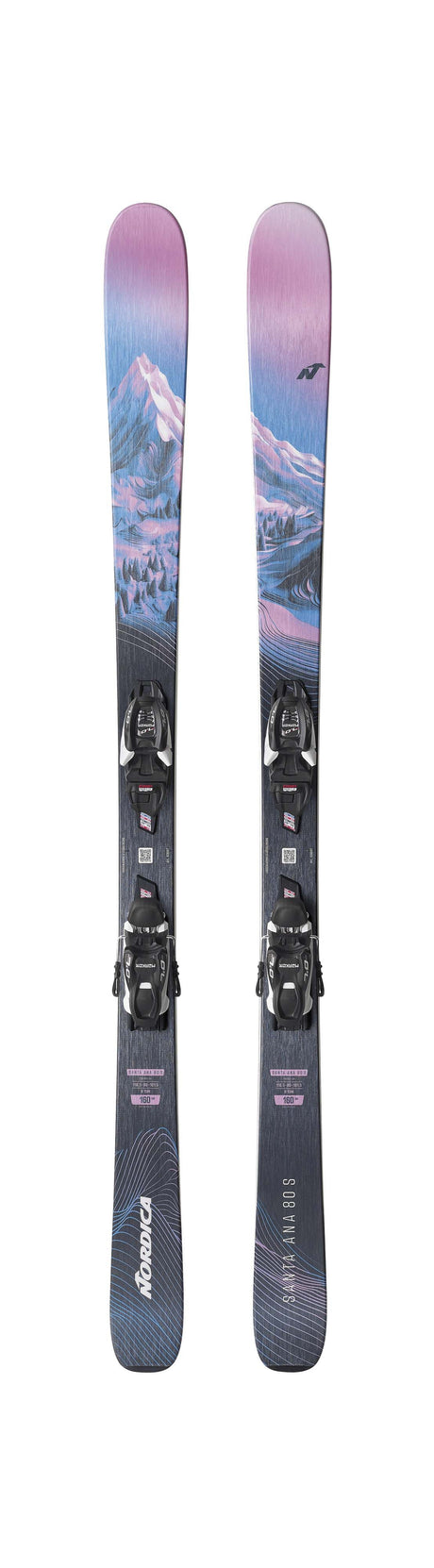 Nordica Santa Ana 80 S- Pair of skis with a mountain landscape design on a white background