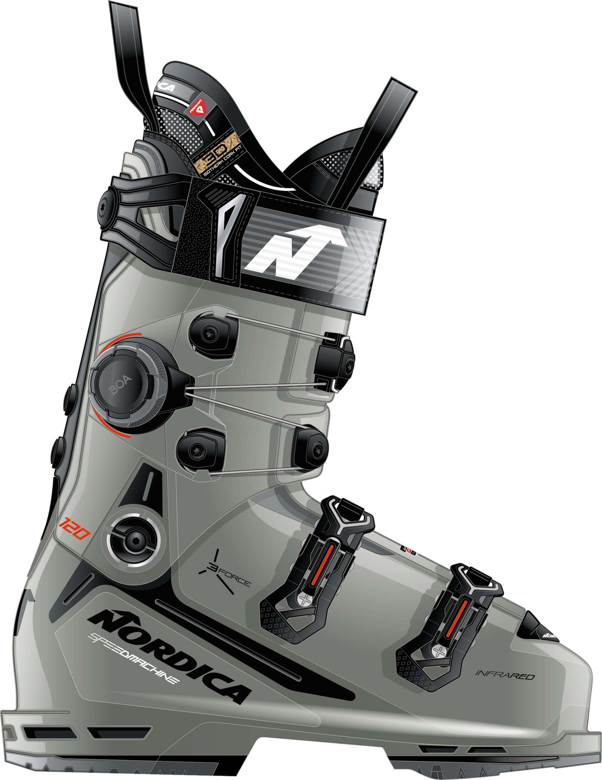 Nordica Speedmachine 120 BOA Cuff-Gray ski boot with black and red accents on a white background