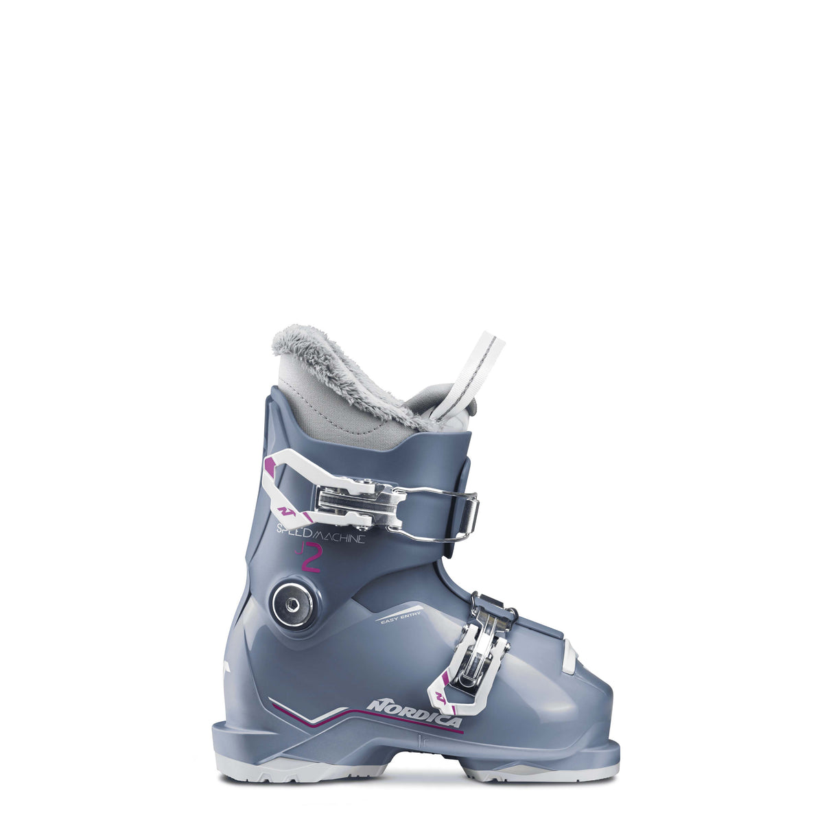 Nordica Speedmachine J2 Girls- Periwinkle ski boot with white accents on a white background