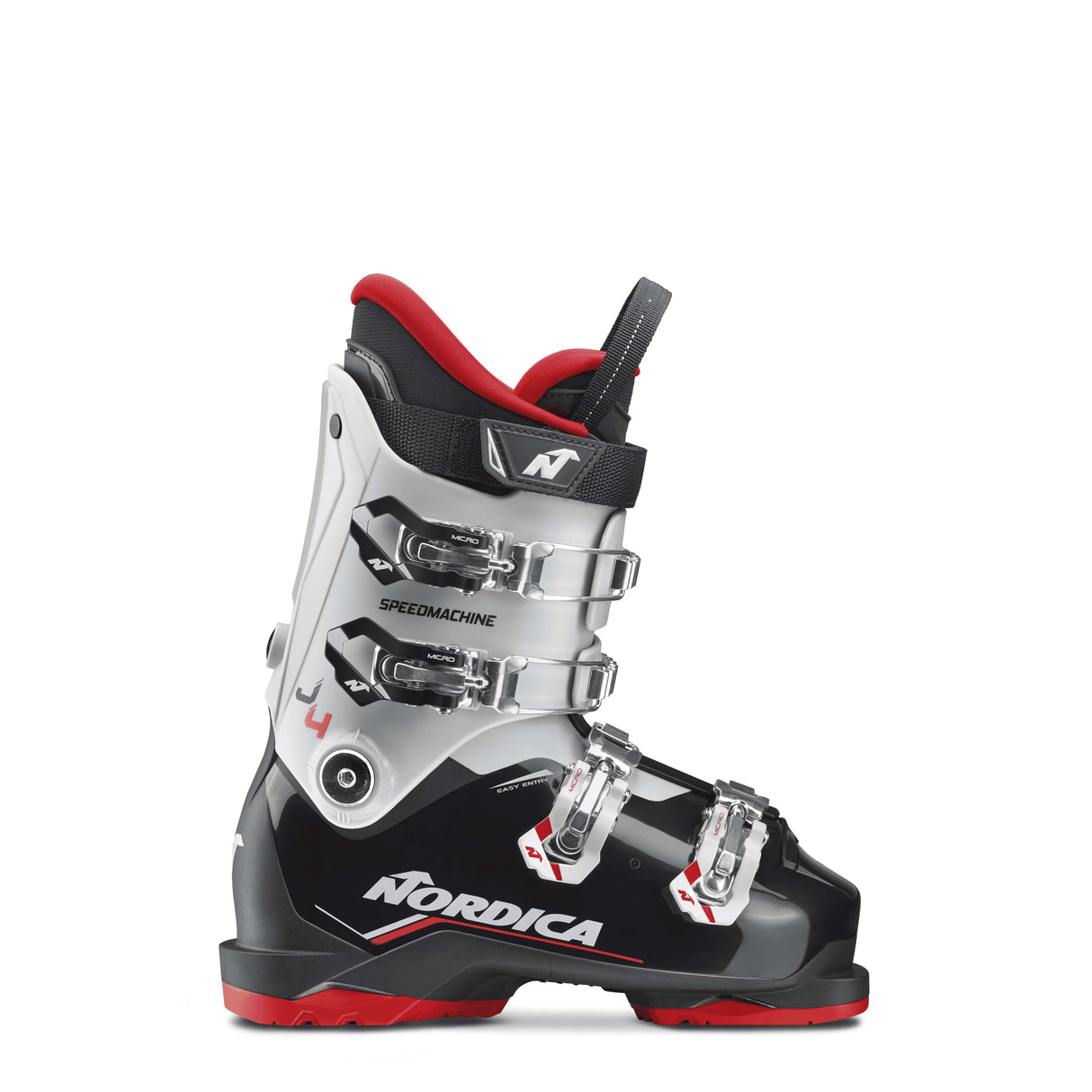 Nordica Speedmachine J4 Boys-Black and red ski boot with Nordica branding on a white background