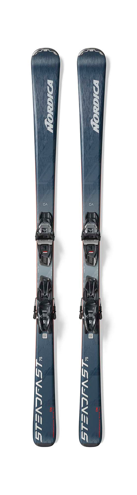 Nordica Steadfast 75 CA- Two blue skis with bindings on a white background