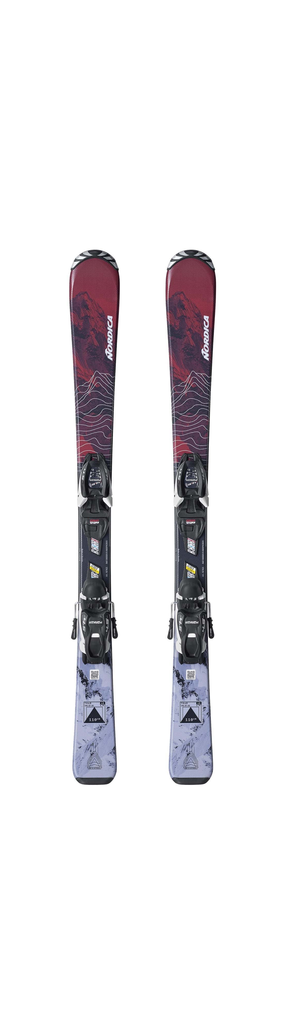 Nordica Team AM 100-140cm-Pair of skis with bindings on a white background