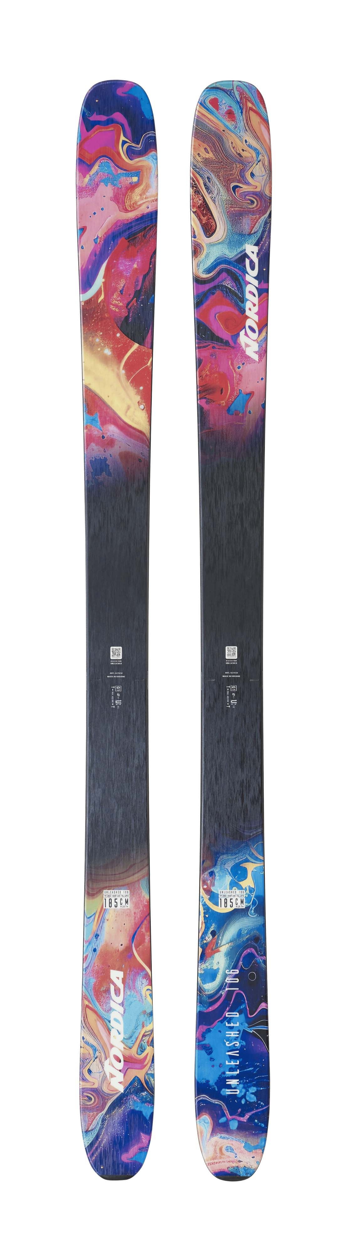 Nordica Unleashed 106- Colorful skis with a brand logo on a white background