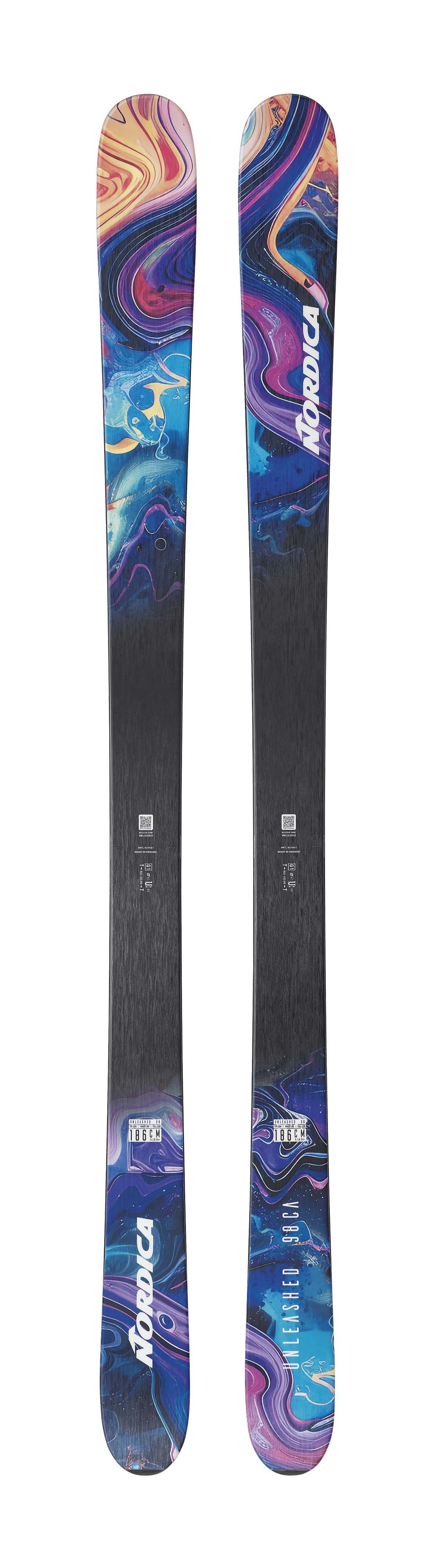 Nordica Unleashed 98 CA- Colorful skis with a brand logo on a white background