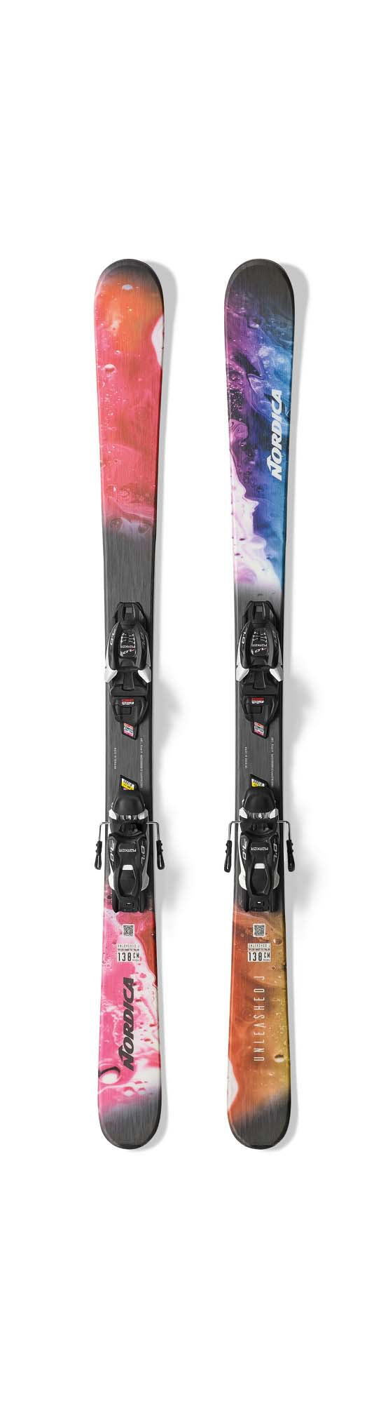 Nordica Unleashed J-Colorful skis with bindings on a white background