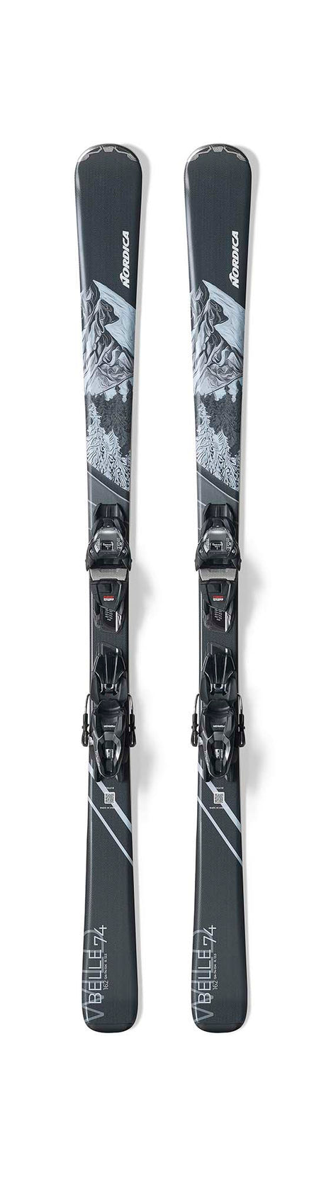 Nordica Wild Belle 74-Pair of skis with bindings on a white background
