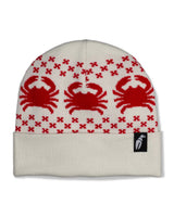 NordicrabBeanie-Beanie with red crab pattern on a white background