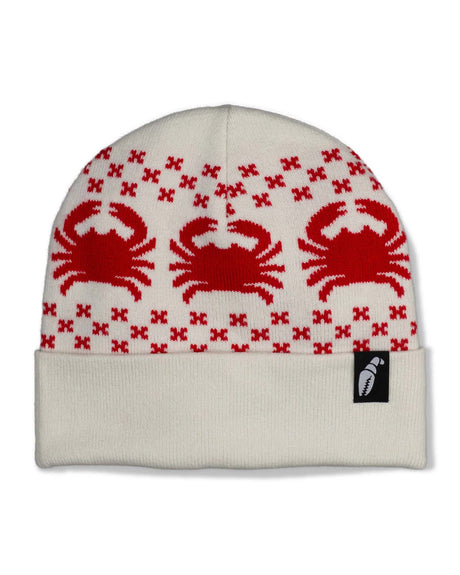 NordicrabBeanie-Beanie with red crab pattern on a white background
