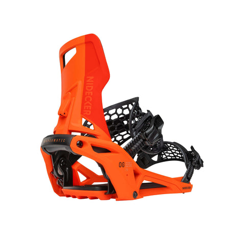 OGSupermatic-Orange snowboard binding with black hardware on a white background