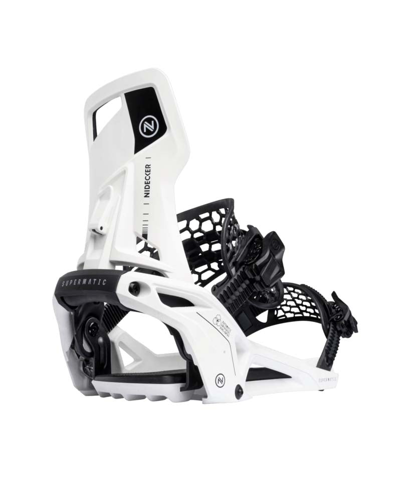 OGSupermatic- White and black snowboard binding with Nidecker branding on a white background
