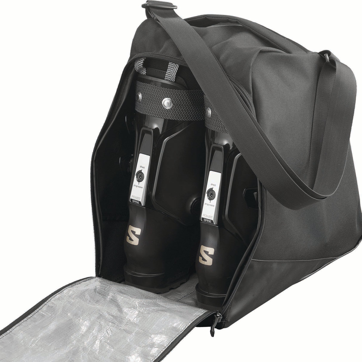 ORIGINALGEARBAG-Black ski boot bag with Salomon branding on a white background