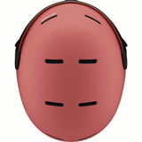 ORKAVISOR- A pink ski helmet with a black chin strap and a large black visor featuring an orange-tinted lens, shown against a plain white background.