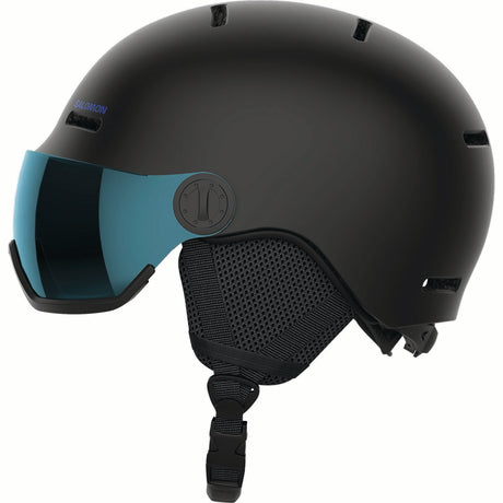 ORKAVISOR- Black helmet with a blue visor on a white background