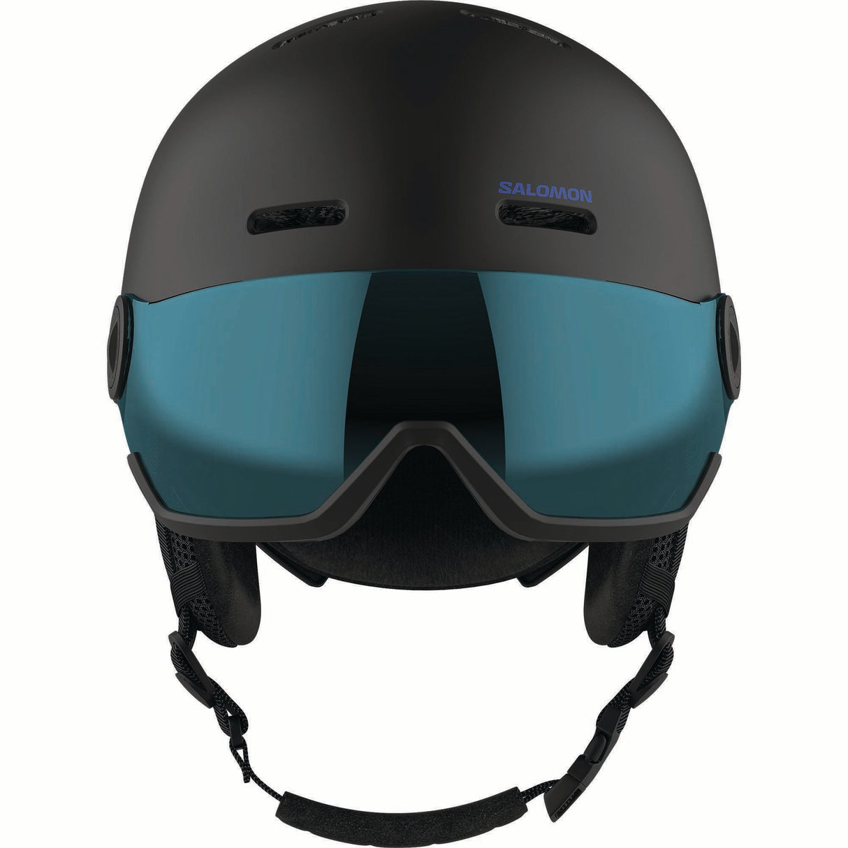 ORKAVISOR- Black helmet with a blue visor on a white background