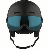 ORKAVISOR- Black helmet with a blue visor on a white background