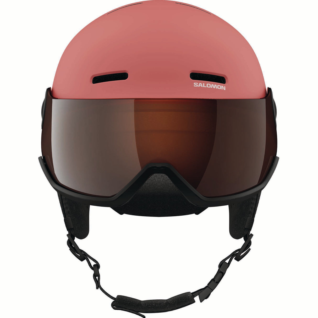 ORKAVISOR- A pink ski helmet with a black chin strap and a large black visor featuring an orange-tinted lens, shown against a plain white background.