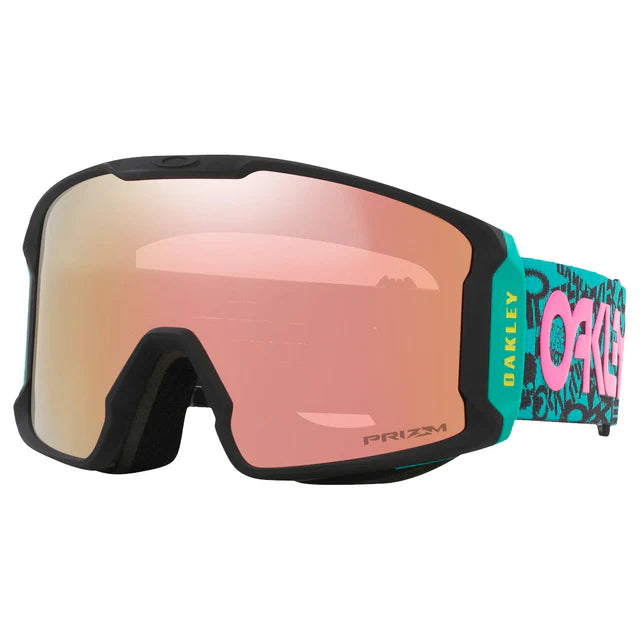 Line Miner L-Oakley goggles with pinkish lens and colorful frame on a white background