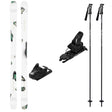 Oblivion79w_Strive12-A ski equipment set on a plain white background, including a pair of white skis with dark abstract graphics, two black ski bindings, and two black ski poles with silver handles.