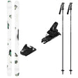 Oblivion79w_Strive12-A ski equipment set on a plain white background, including a pair of white skis with dark abstract graphics, two black ski bindings, and two black ski poles with silver handles.
