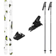 Oblivion94w_Strive12-A ski equipment set on a plain white background, including a pair of white skis with black and lime green graphics, black ski bindings, and two black ski poles with silver handles.